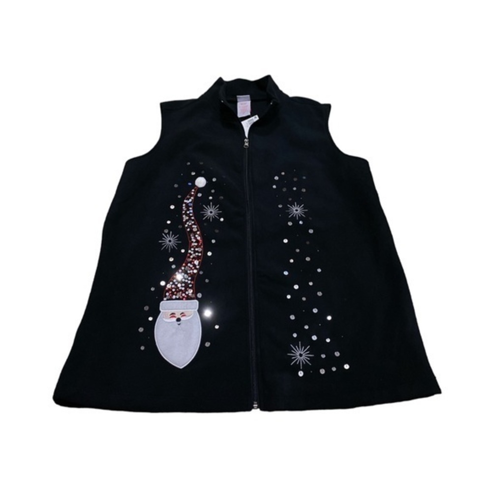 Holiday Editions Women’s Sparkly Sequined Santa Black Fleece Vest Size 1X